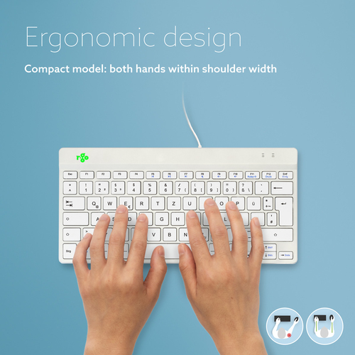 R-Go Tools Ergonomische Tastatur R-Go Compact Break, kompakte Tastatur mit Pausensoftware, QWERTZ (DE), Kabelgebunden, Wei