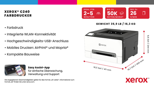 Xerox C240. Drucktechnologie: Laser, Farbe. Zahl der Druckpatronen: 2, Maximale monatliche Auslastung: 50000 Seiten pro Mo