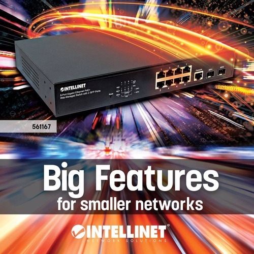 Intellinet 8-Port Gigabit Ethernet PoE+ Web-Managed Switch with 2 SFP Ports, IEEE 802.3at/af Power over Ethernet (PoE+/PoE
