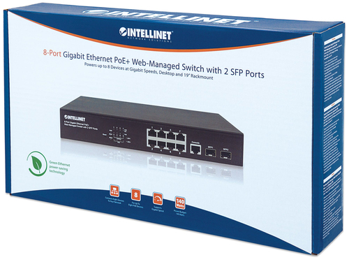 Intellinet 8-Port Gigabit Ethernet PoE+ Web-Managed Switch with 2 SFP Ports, IEEE 802.3at/af Power over Ethernet (PoE+/PoE