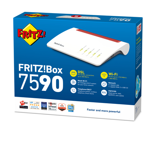 FRITZ!Box 7590 Edition International. Wi-Fi band: Dual-band (2.4 GHz / 5 GHz), Top Wi-Fi standard: Wi-Fi 5 (802.11ac), WLA