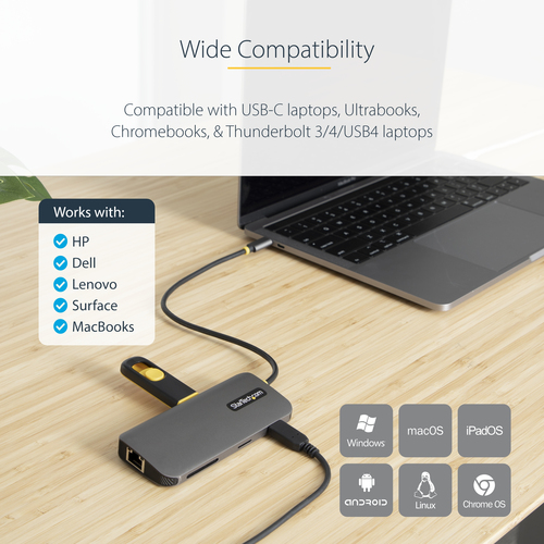 StarTech.com USB C Multiport Adapter, 4K 60Hz HDMI HDR10 Video, 3 Port 5Gbps USB-A Hub, 100W PD Pass-Through, GbE, SD/Micr