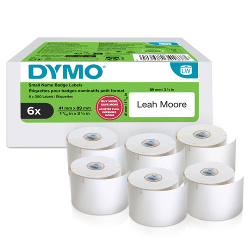 Dymo LabelWriter Name Badge Label - 41 mm Height x 89 mm Width - Roll - Removable Adhesive - White - Paper - 300 / Roll - 
