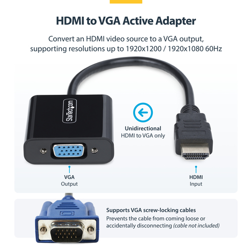 StarTech.com HDMI to VGA Adapter, Active Video Converter For Laptop/Desktop, 1920x1080 (1080p), HDMI Source to VGA Monitor
