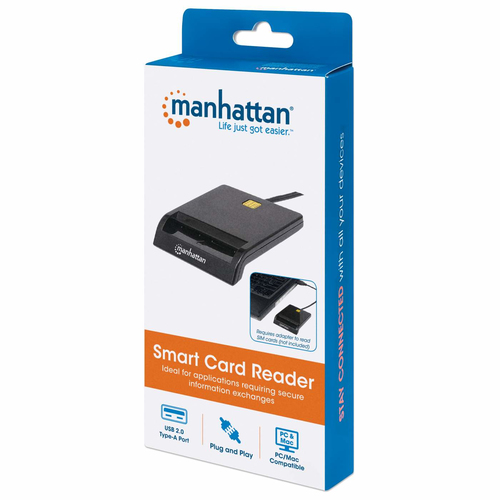 Manhattan USB-A Contact Smart Card Reader, 12 Mbps, Friction type compatible, External, Windows or Mac, Cable 105cm, Black