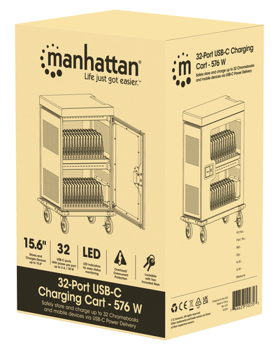 Manhattan iPad to 13", MacBook Air to 15" & Chromebook 16" 32-bay Charging Trolley/Cart via USB-C, Also other tablets/smar