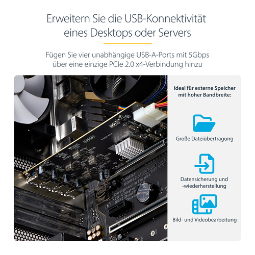 StarTech.com 4-Port USB PCIe Karte, USB 3.2 5Gbps, PCI Express Karte mit 4 unabhängigen USB-Controllern, 4 USB-A Anschlüss