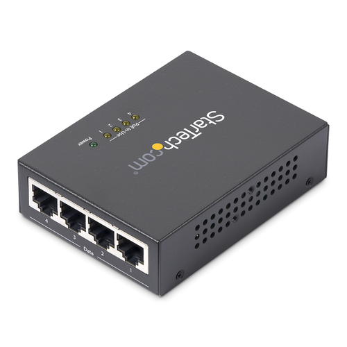 StarTech.com PoE Injector - 52 V DC, 2.31 A Output - 4 Input Port(s) - 4 Output Port(s) - Wall Mountable - Black