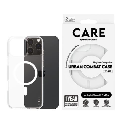 PanzerGlass CARE™ by ® Urban Combat Case Transparent w. White MagSafe iPhone 16 Pro Max. Case type: Cover, Marke-Kompatibi