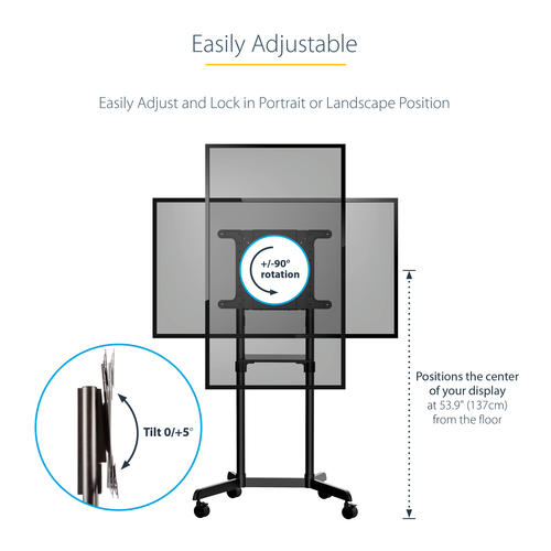 StarTech.com Mobile TV Cart, Portable Rolling TV Stand, 37-70 inch VESA Display Mount (154lb/70kg), Shelf & Storage, Rotat