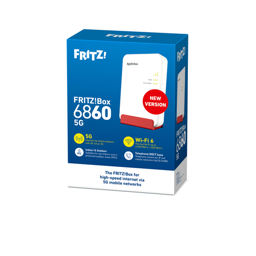 Box 6860 5G. Gerätetyp: Router für Mobilfunknetz, Produktfarbe: Weiß, LED-Anzeigen: WLAN, Leistung. Ethernet LAN interface
