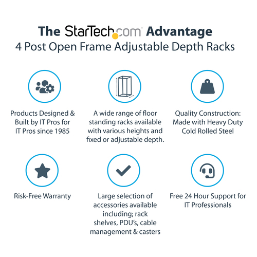 StarTech.com 42U Adjustable Depth Open Frame 4 Post Server Rack Cabinet - Flat Pack w/ Casters, Levelers and Cable Managem