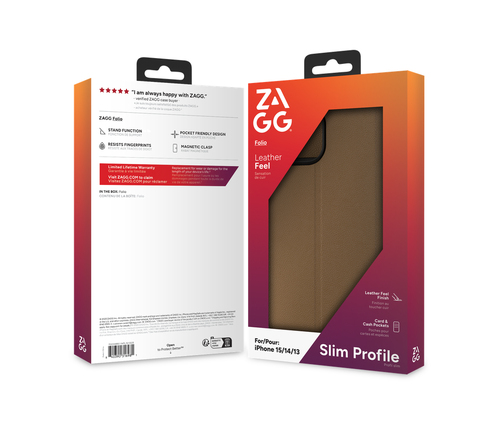 ZAGG Tasche (Folie) Apple iPhone 15, iPhone 14, iPhone 13 Smartphone - Braun - Kunstleder Körper - Sturzsicher, Stoßfest, 