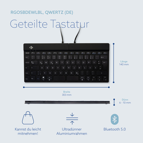 R-Go Tools Ergonomische Tastatur R-Go Split Break mit Pausensoftware, geteilte Tastatur, QWERTZ (DE), kabellos, schwarz. T