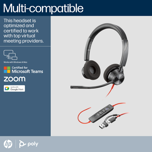 Cuffie Poly Blackwire 3320 Cavo On-ear, Over-the-head Stereo - Nero - Microsoft Teams Certification - Binaural - Supra-aur