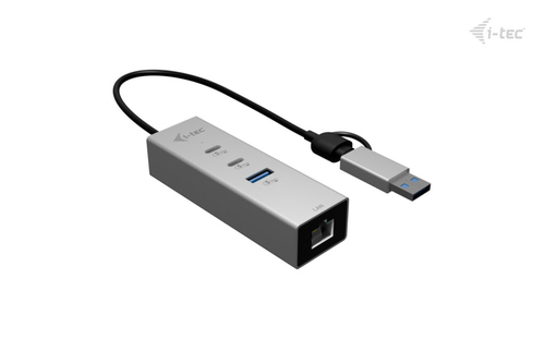 i-tec USB/Ethernet Combo Hub - USB Type A, USB Type C - 640 MB/s - Hard Drive, Keyboard, Notebook, Tablet, Desktop - 3 Tot