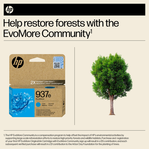 HP 937e EvoMore Cyan Original Ink Cartridge. Cartridge capacity: High (XL) Yield, Supply type: Single pack, Colour ink pag