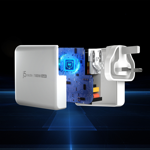 j5create JUP53100 100W GaN USB-C® 5-Port Charger. Charger type: Indoor, Power source type: AC, Charger compatibility: Univ