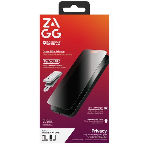 ZAGG Glass Elite Tempered Glass, Aluminosilicate Glass Privacy Screen Filter for Apple iPhone 17 Pro - For OLED iPhone 17 