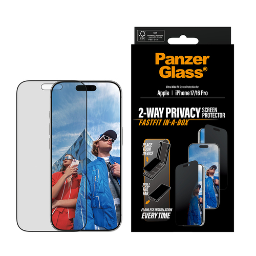 PanzerGlass Glass Privacy Screen Protector for Apple iPhone 17, iPhone 16 Pro - For Widescreen OLED iPhone 17, iPhone 16 P