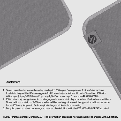 HP 105 Sanitizable Mouse Pad. Width: 230 mm, Depth: 200 mm. Product colour: Grey
