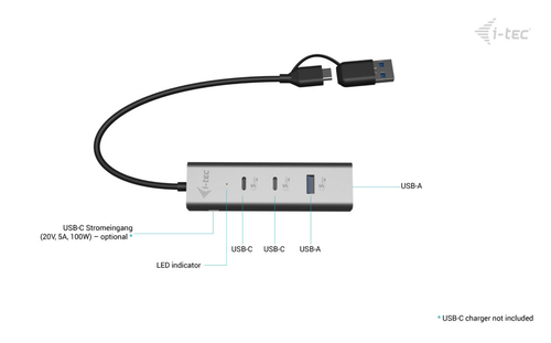 i-tec Metal CAHUBMETAL2A2CPD. Hostschnittstelle: USB 3.2 Gen 1 (3.1 Gen 1) Type-A + Type-C, Hub interfaces: USB 3.2 Gen 1 