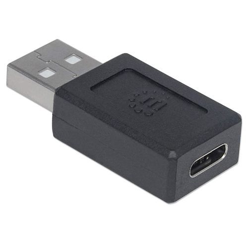 Manhattan USB-C to USB-A Adapter, Female to Male, 480 Mbps (USB 2.0), Hi-Speed USB, Black, Lifetime Warranty. Connector 1: