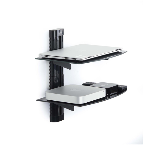 StarTech.com Dual Floating Wall-Mounted AV Shelves, Adjustable Height Shelf For Under TV A/V Equipment, Black Tempered Gla