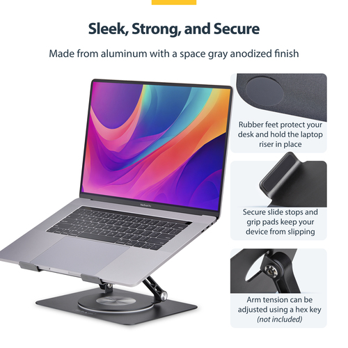 StarTech.com ATFR-LAPTOP-RISER. Produkttyp: Laptop-Ständer, Produktfarbe: Silber, Materialien: Aluminium. Swivel Winkel: 3