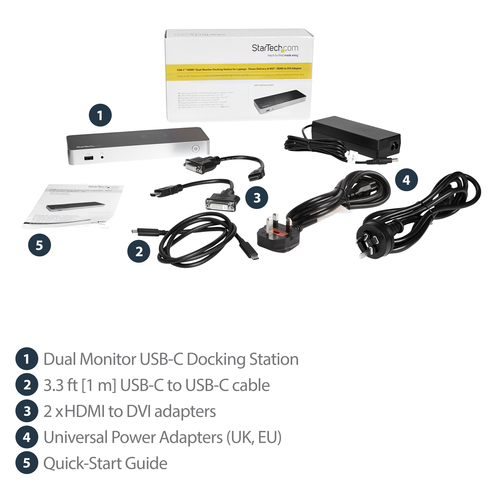 StarTech.com Dual Monitor USB C Docking Station w/ 60W Power Delivery - USB 3.1 Gen 1 Type C to HDMI or DVI - 5x USB - Win