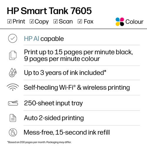HP 7605 Smart Tank - Tintenstrahl-Multifunktionsdrucker - Kopierer/Drucker/Scanner - 4800 x 1200 dpi Druckauflösung