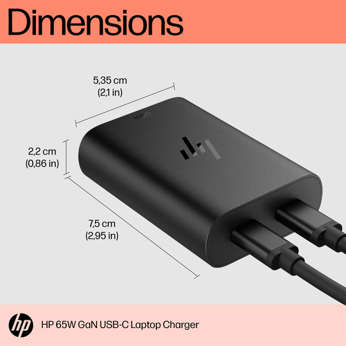 HP 65W GaN USB-C Laptop Charger. Purpose: Laptop, Power supply type: Indoor, Output power: 65 W. USB connector type: USB T