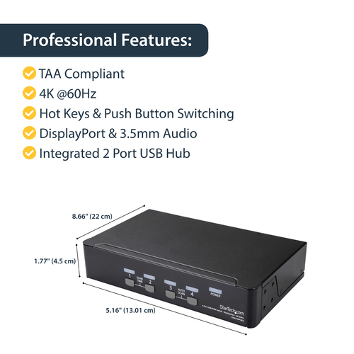 StarTech.com 4 Port DisplayPort KVM Switch - 4K 60Hz - Single Display - UHD DP 1.2 USB KVM Switch with USB 2.0 Hub & Audio