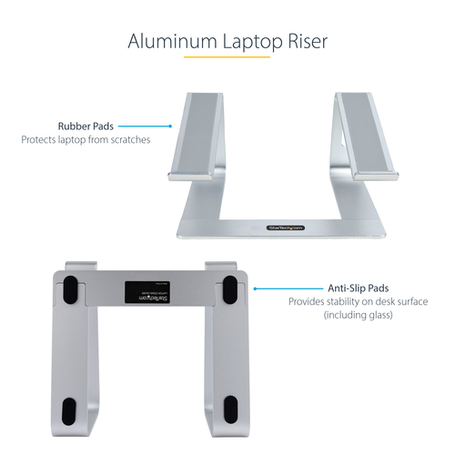StarTech.com Laptop Stand for Desk, Supports 5kg / 11lb, Aluminum, Silver, Ergonomic Laptop Riser, Portable Laptop Holder 