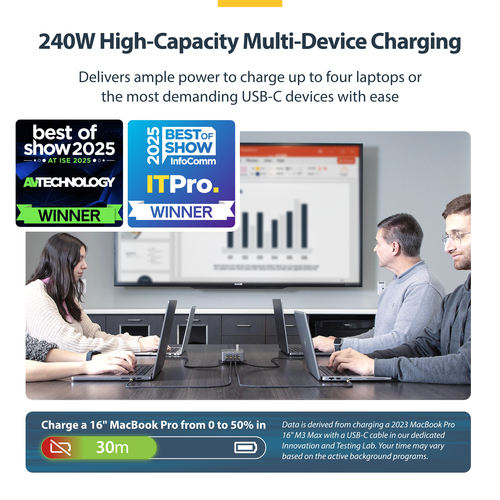 StarTech.com 4-Port Multi-Device USB-C Charger, 240W Total, Single Port 140W EPR, Screw Locking Ports, Ideal for Boardroom