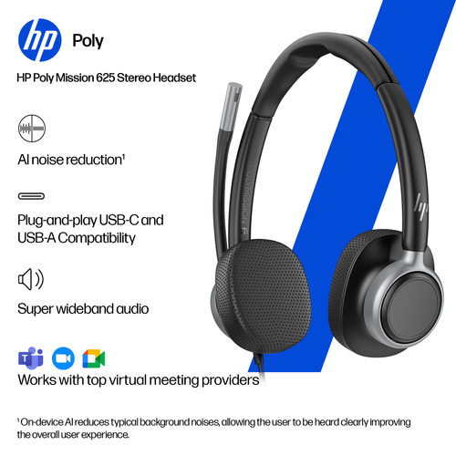 Poly Mission 600 615 Com fios Headset, Na orelha Mono Fone de ouvido - Preto - Microsoft Teams Certification - Monaural - 