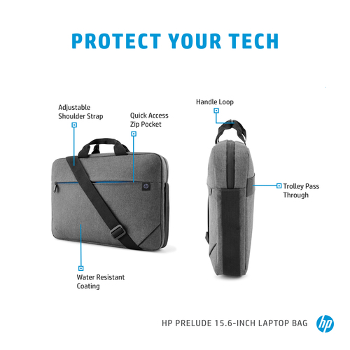 HP Prelude 15.6-inch Laptop Bag. Case type: Briefcase, Maximum screen size: 39.6 cm (15.6"). Weight: 300 g. Surface colora