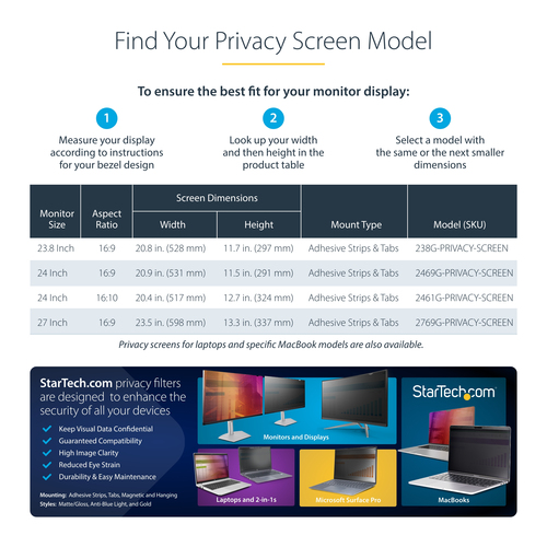StarTech.com 2769G-PRIVACY-SCREEN. Maximale Bildschirmgröße: 68,6 cm (27"). Seitenverhältnis: 16:9. Geeignet für: Monitor,