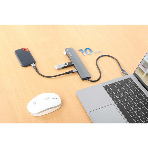 Manhattan USB-C Dock/Hub, Ports (x7): USB-A (x3) and USB-C (x4), With Power Delivery (100W) to USB-C Port (Note additional