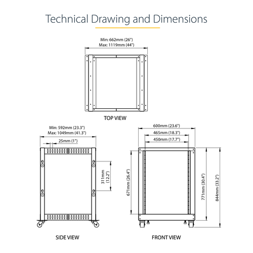 StarTech.com 15U 19" Open Frame Server Rack - 4 Post, Adjustable Depth 22 to 40" - Mobile Network Equipment Rack - HP ProL