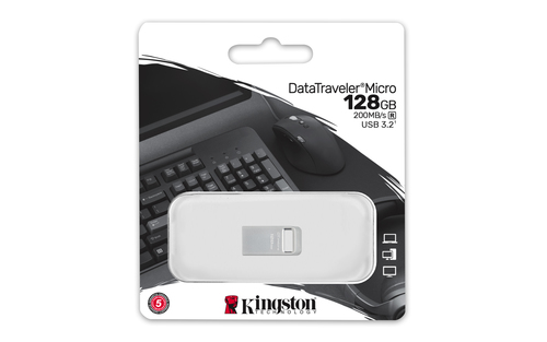 Kingston Technology DataTraveler Micro. Capacidade: 128 GB, Interface de dispositivo: USB Type-A, Versão USB: 3.2 Gen 1 (3