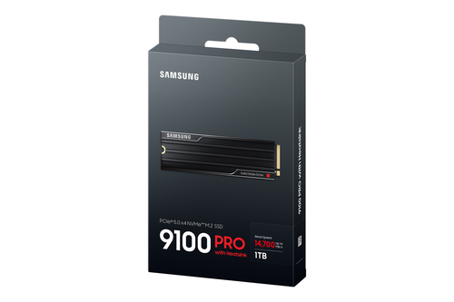 Samsung 9100 PRO Heatsink PCIe® 5.0 NVMe™ M.2 SSD - 1 TB. SSD capacity: 1 TB, SSD form factor: M.2, Read speed: 14700 MB/s