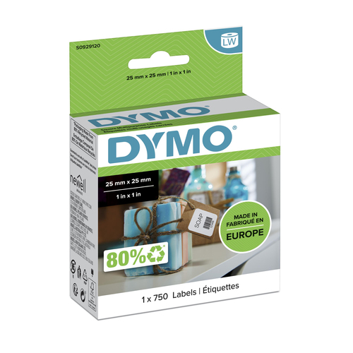 Mehrzwecketikett Dymo - 25 mm Breite x 25 mm Länge - Halbpermanent Kleber - Quadratisch - Thermotransfer - Weiß - Papier -