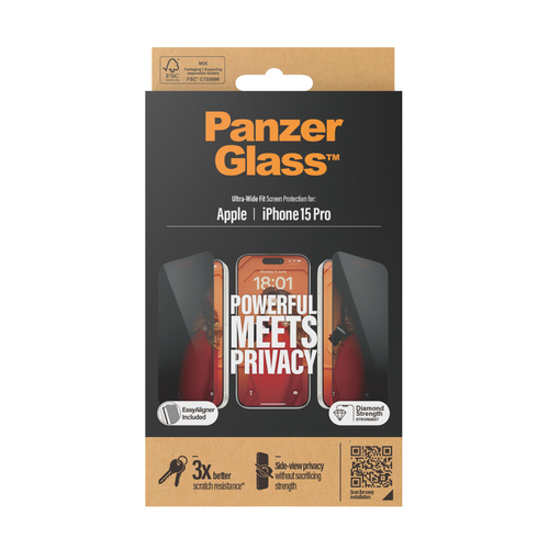 PanzerGlass Privacy Screen Protector for iPhone 15 Pro - Clear - For LCD iPhone 15 Pro - Drop Resistant, Shock Resistant, 