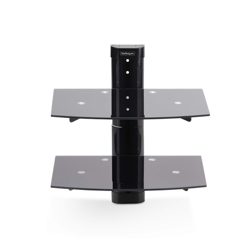 StarTech.com Dual Floating Wall-Mounted AV Shelves, Adjustable Height Shelf For Under TV A/V Equipment, Black Tempered Gla