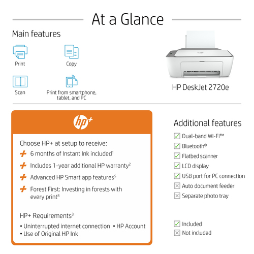 HP DeskJet 2720e All-in-One Printer, Color, Printer for Home, Print, copy, scan, Wireless; +; Instant Ink eligible; Print 
