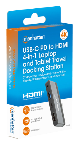 Manhattan USB-C Travel Dock/Hub, Ports (x4): HDMI, USB-A, USB-C and 3.5mm audio, With Power Delivery (100W) to USB-C Port,