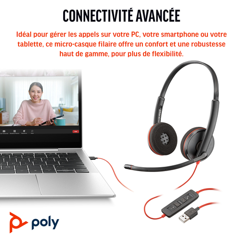 Casque Poly Blackwire 3220 - Filaire - Design Supra-auriculaire, Sur tête - Stéréo - Couleur Noir - Binaural - Supra-aural