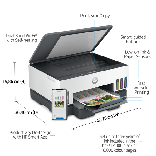 HP Smart Tank 7005 Wireless All-in-One Color Printer, Two-sided printing; Copier, Scanner. Print technology: Thermal inkje