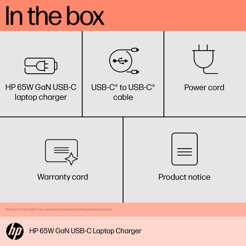 HP 65W GaN USB-C Laptop Charger. Purpose: Laptop, Power supply type: Indoor, Output power: 65 W. USB connector type: USB T